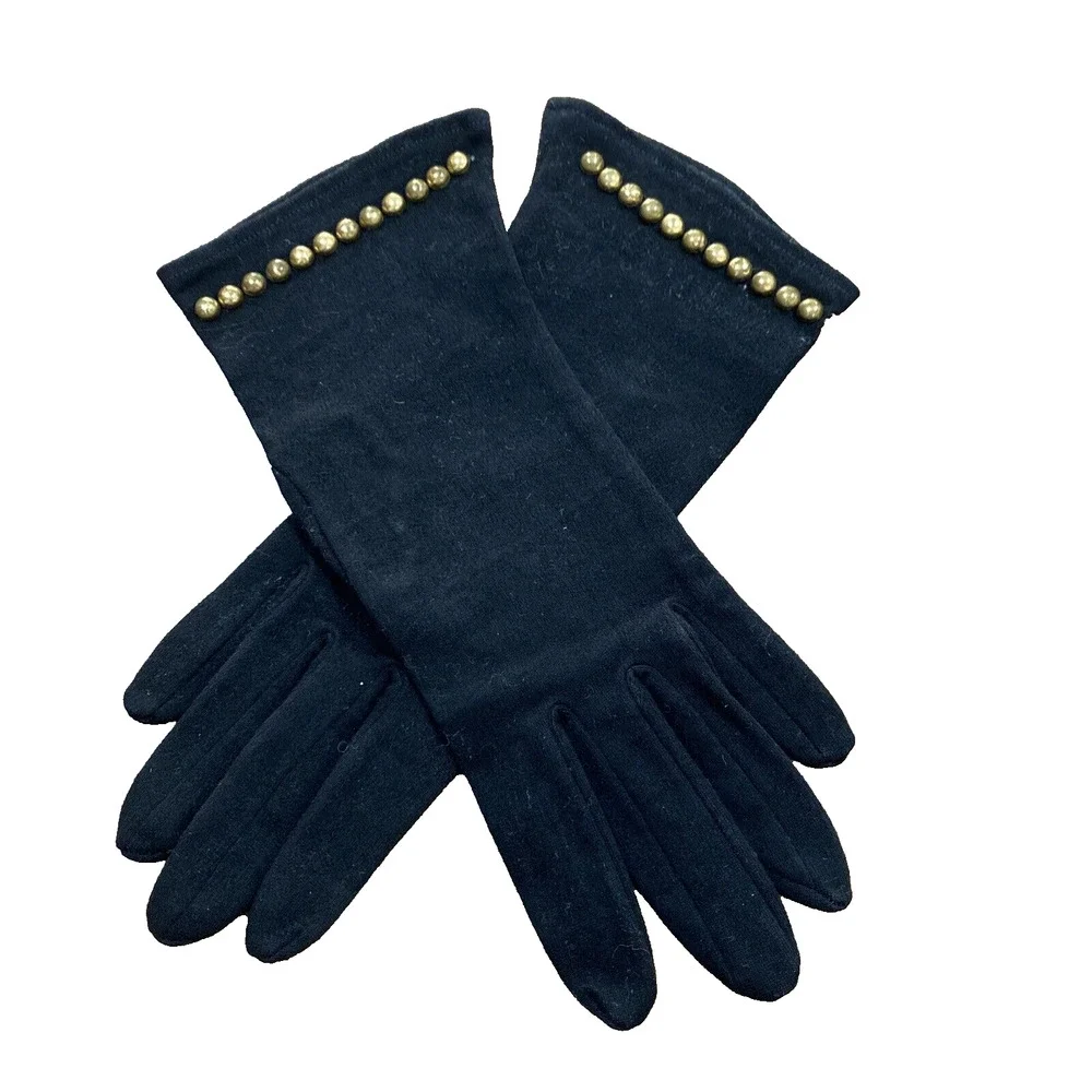 Vintage Black Fabric Driving Gloves Brass Studs Wrist Length Cotton Mid Century